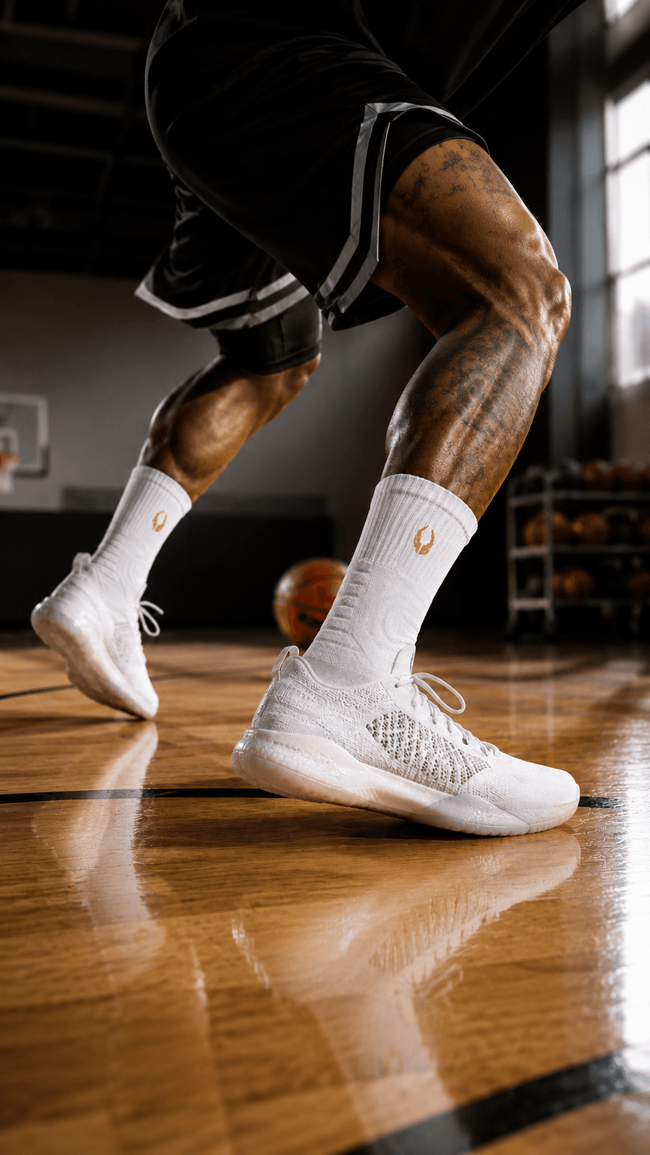 Close-up of HOOF performance crew socks during basketball training