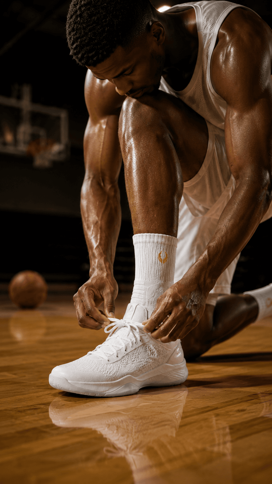 Basketball athlete in HOOF performance crew socks on court