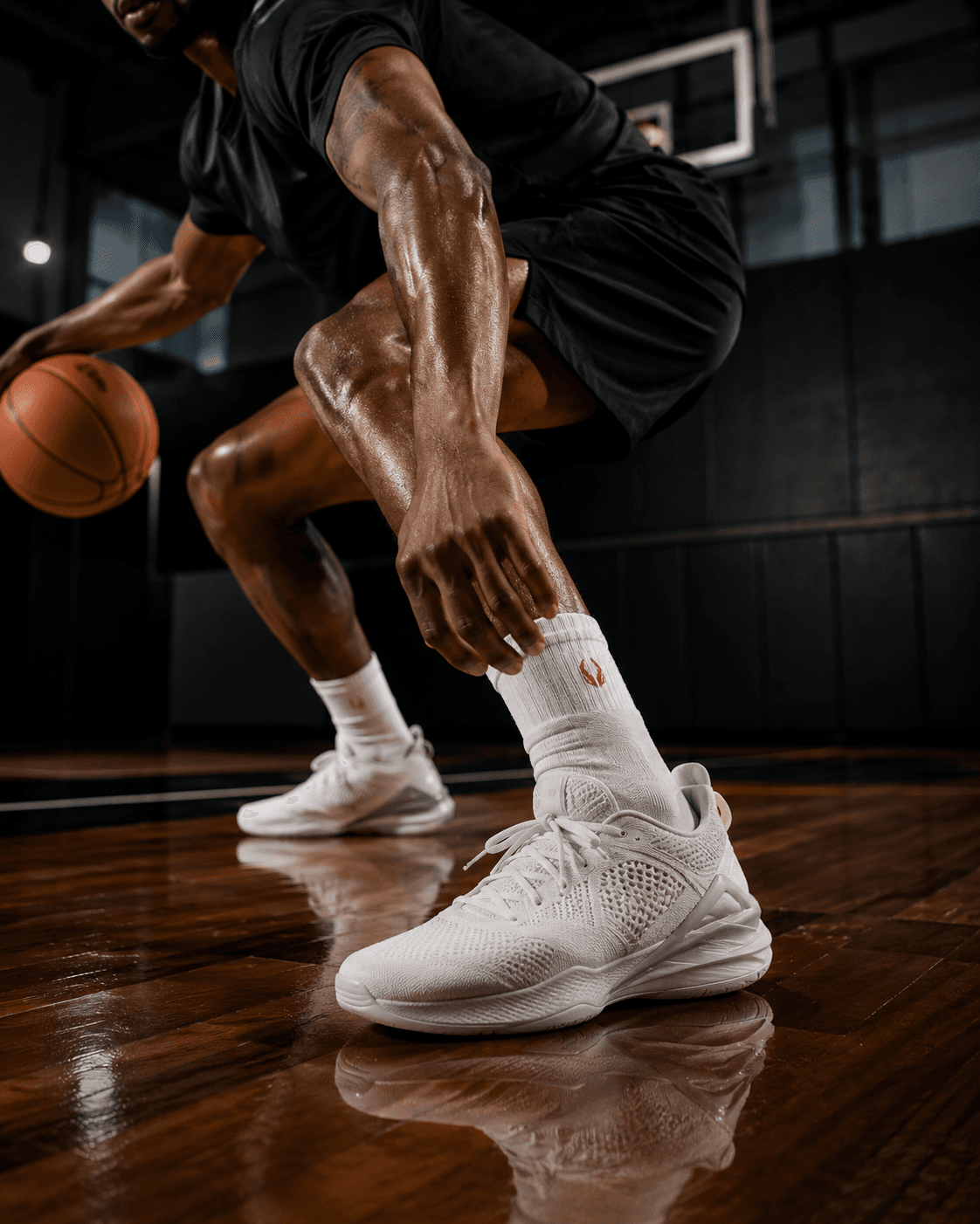 Basketball athlete in HOOF performance crew socks on court