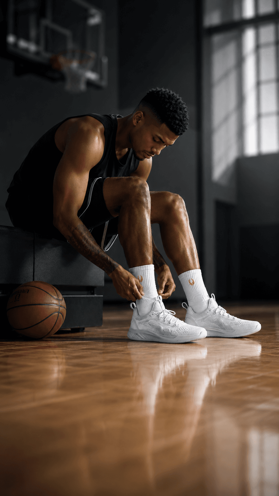 Basketball athlete dribbling in HOOF performance crew socks on court