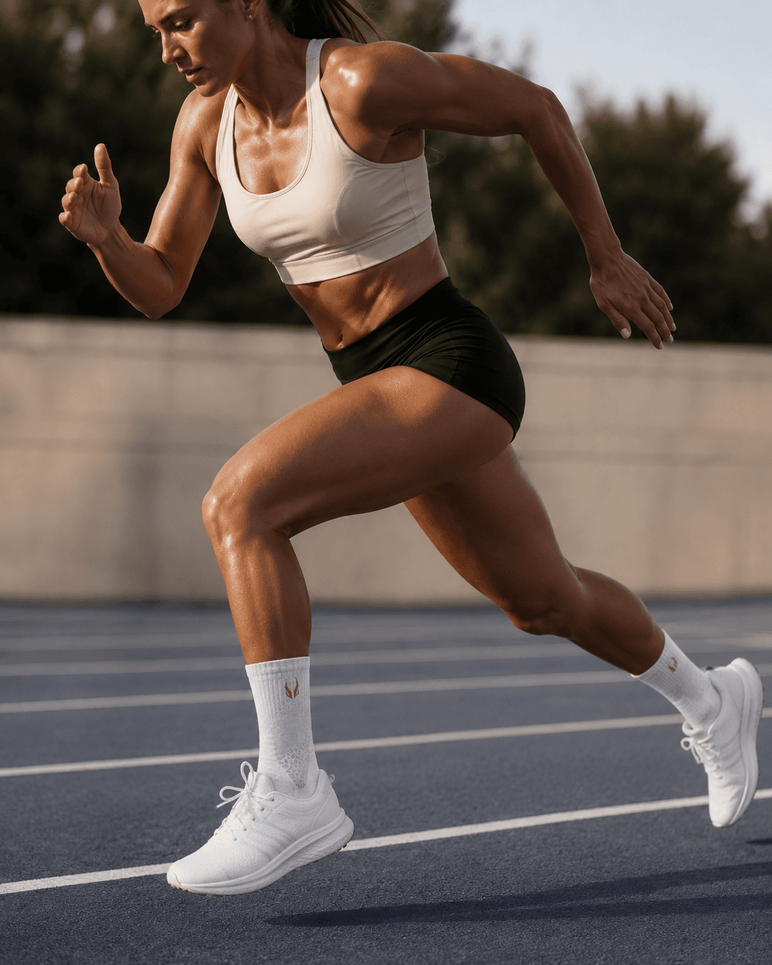 Female athlete running on a track wearing mid-calf HOOF performance socks.