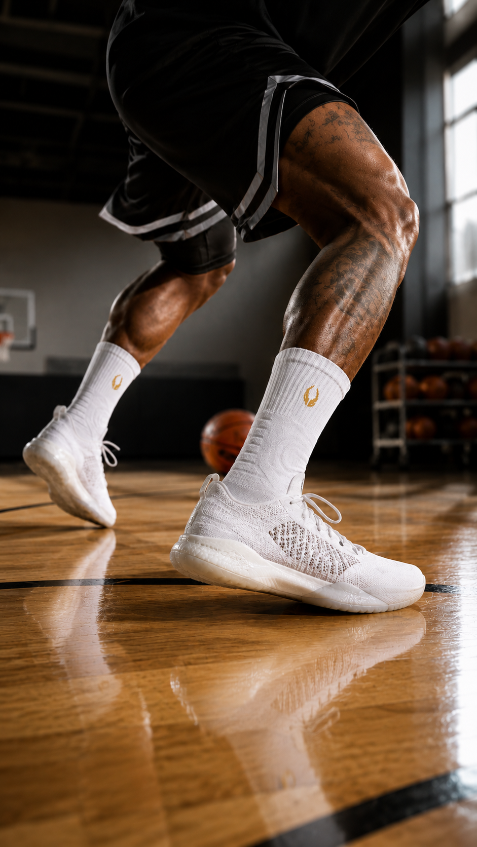 Close-up of HOOF performance crew socks during basketball training