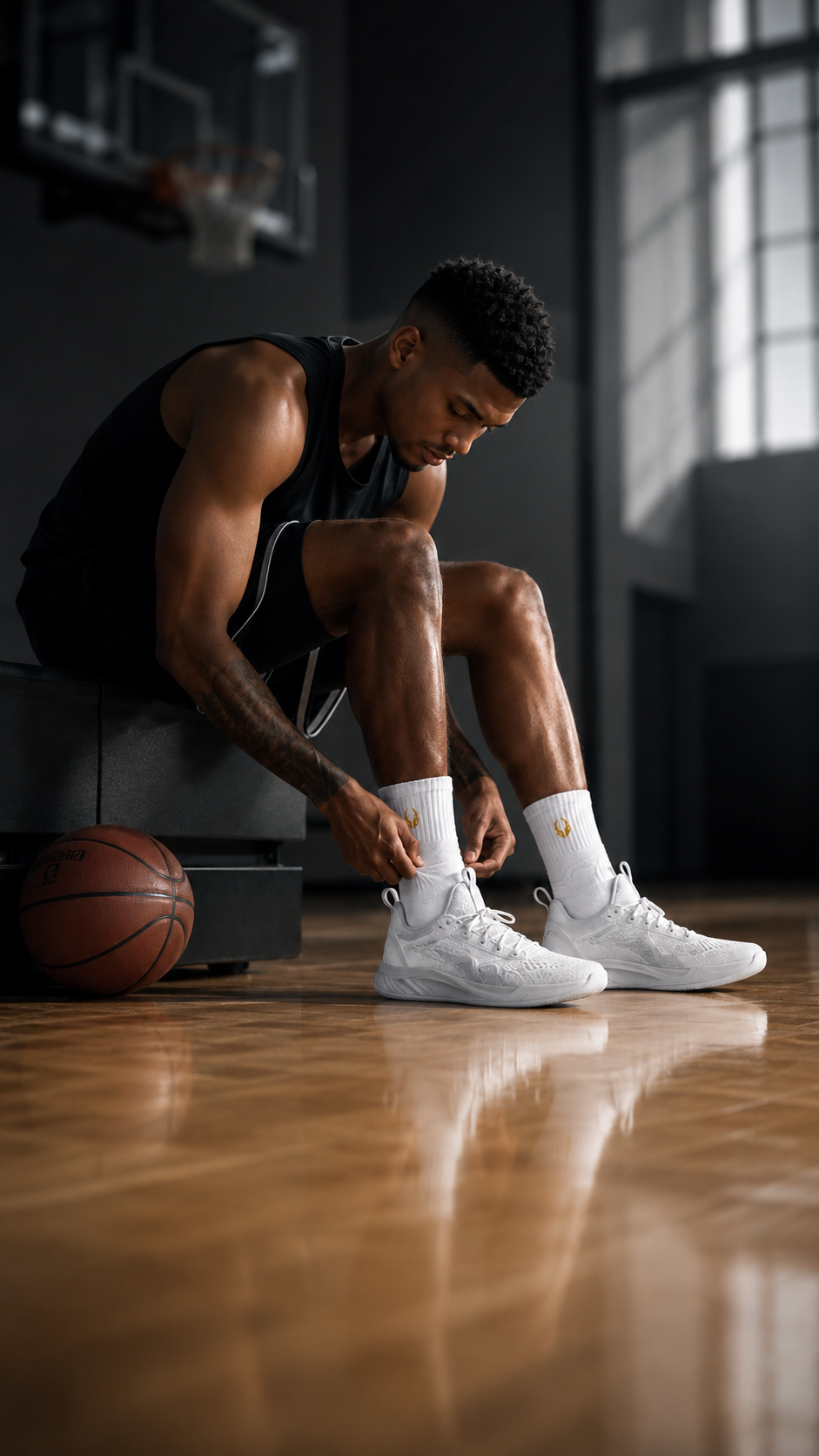 Basketball athlete dribbling in HOOF performance crew socks on court