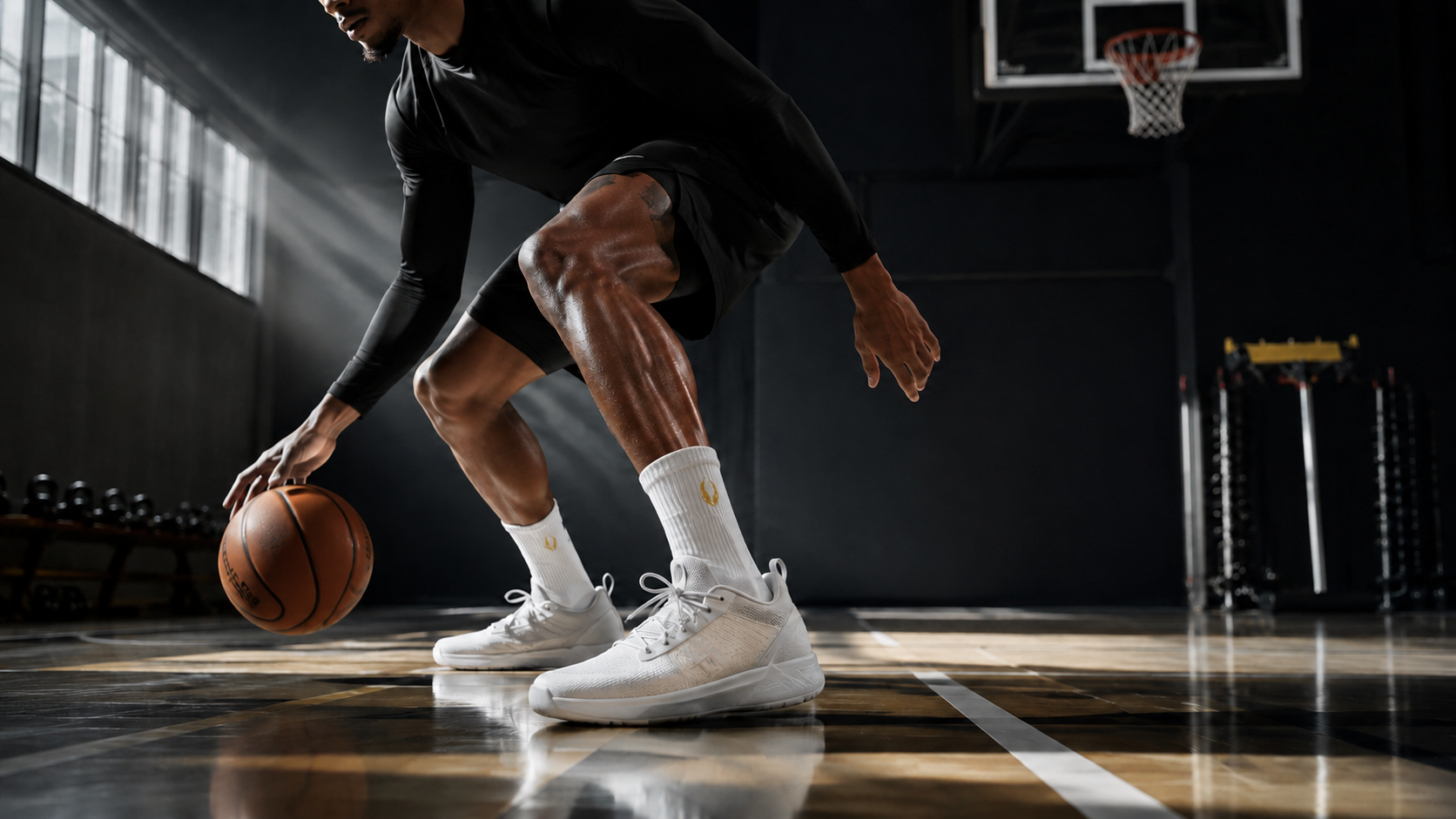 Basketball athlete dribbling in HOOF performance crew socks on court